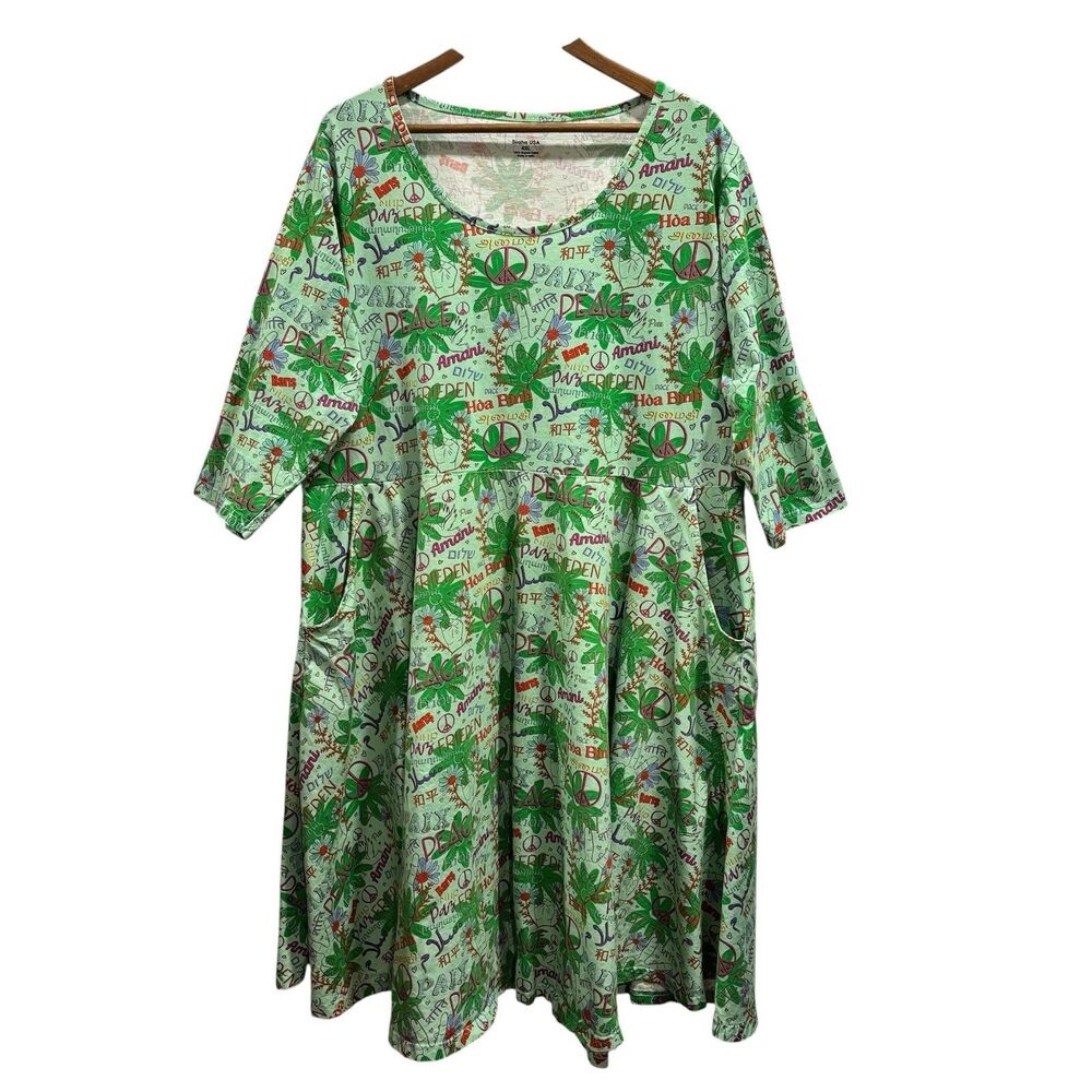 Svaha Languages Of Peace Twirl Dress Multilingual Pockets Size 4xl Green Organic